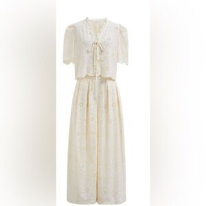 Coord Set: Cream Eyelet Lace Blouse with Puff Sleeves and Matching Trouser